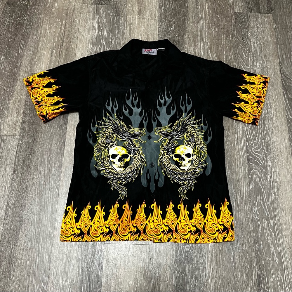 Vintage Shaolin Shirt Youth Large Black Dragon Skull Flames Button‎ Front 2000s